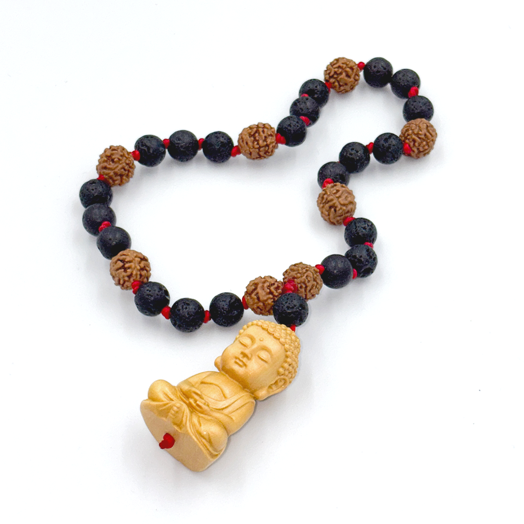 Amulet z lávového kameňa a Rudraksha semienok s Budhom