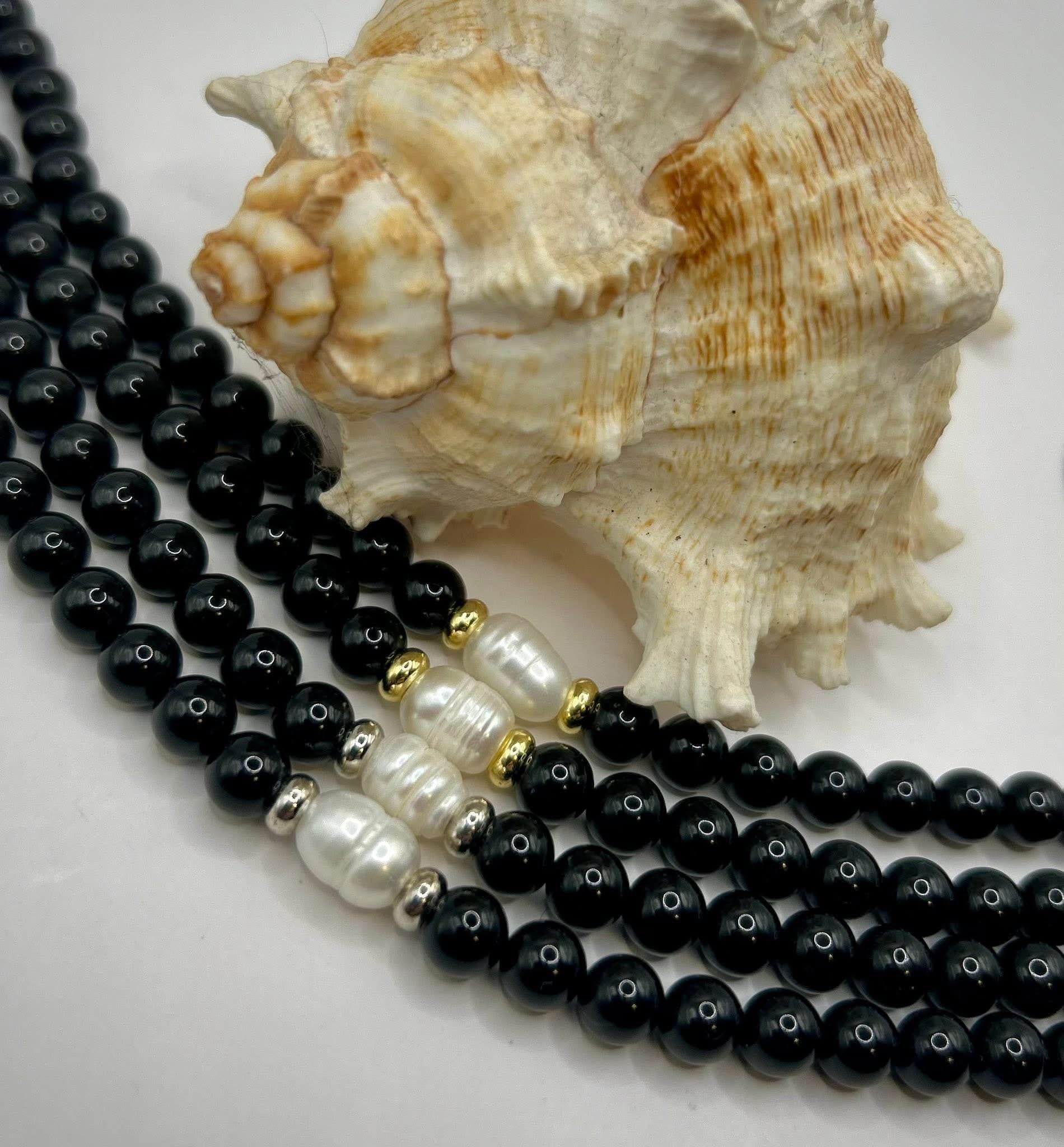 Náramok Čierny Obsidián a Riečna Perla