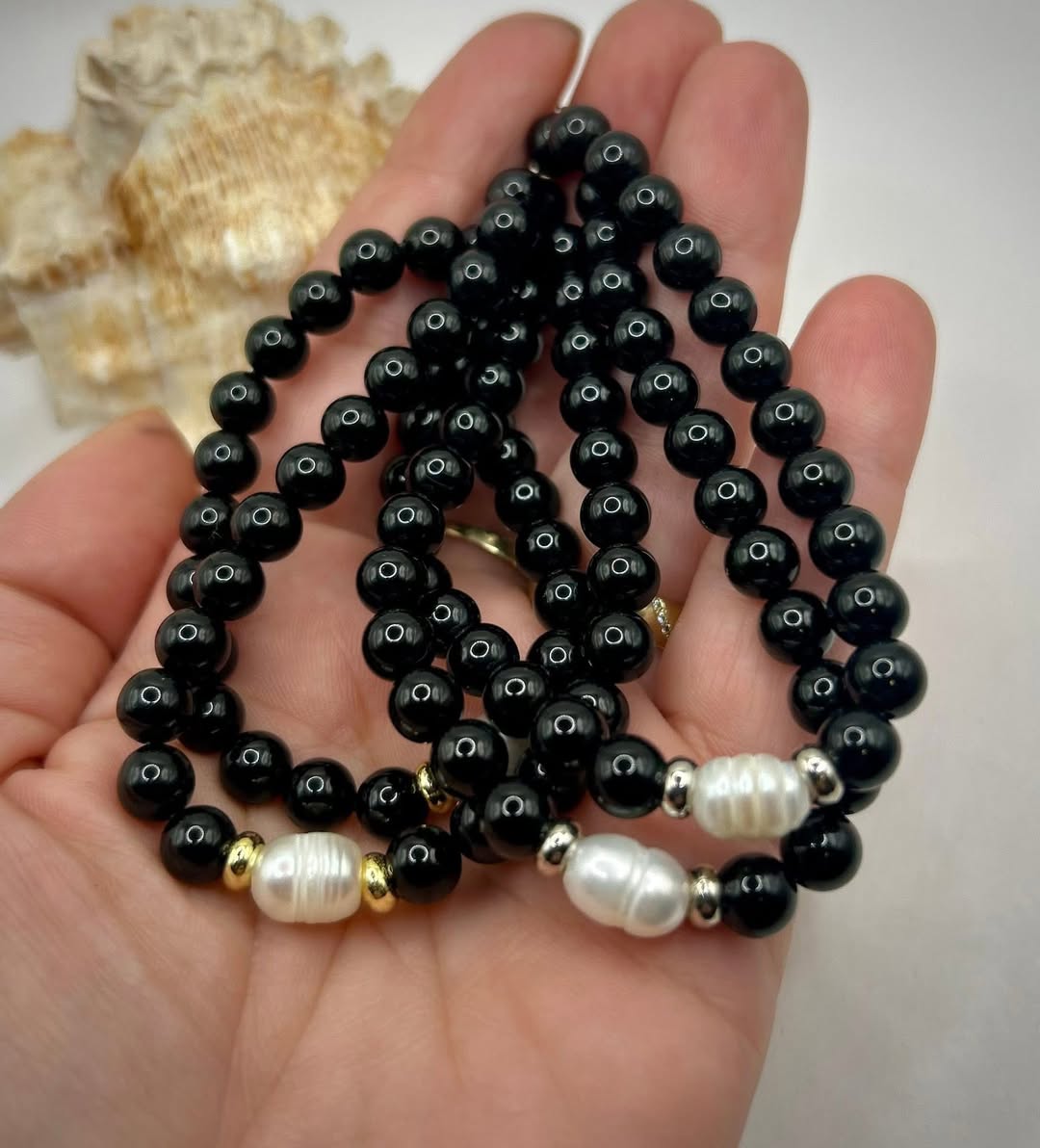 Náramok Čierny Obsidián a Riečna Perla